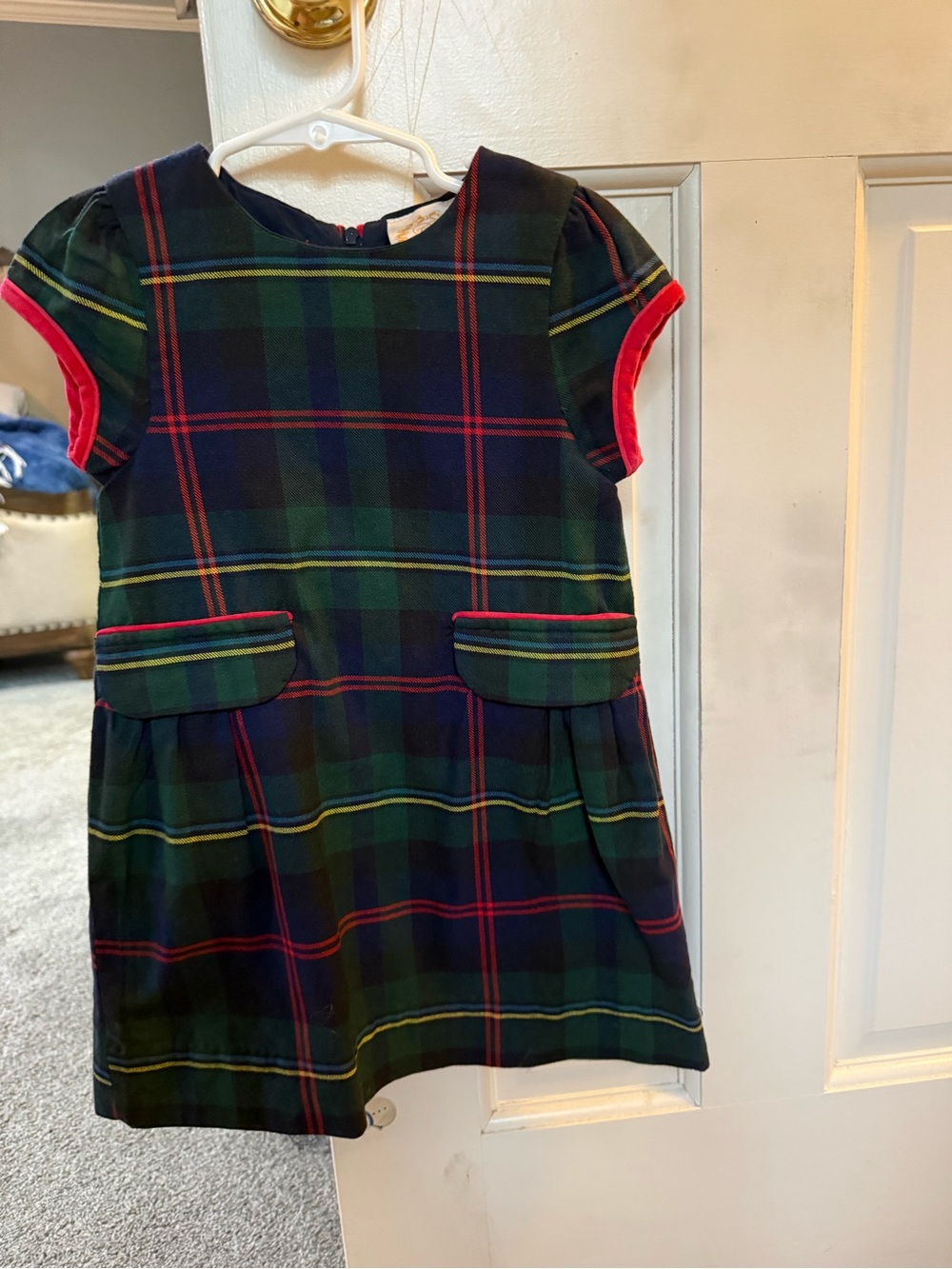 The Beaufort Bonnet Company Girls Green and Navy Plaid Dress with Red Trim